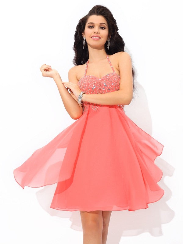 Wholesale A-Line/Princess Halter Beading Sleeveless Short Chiffon Cocktail Dresses